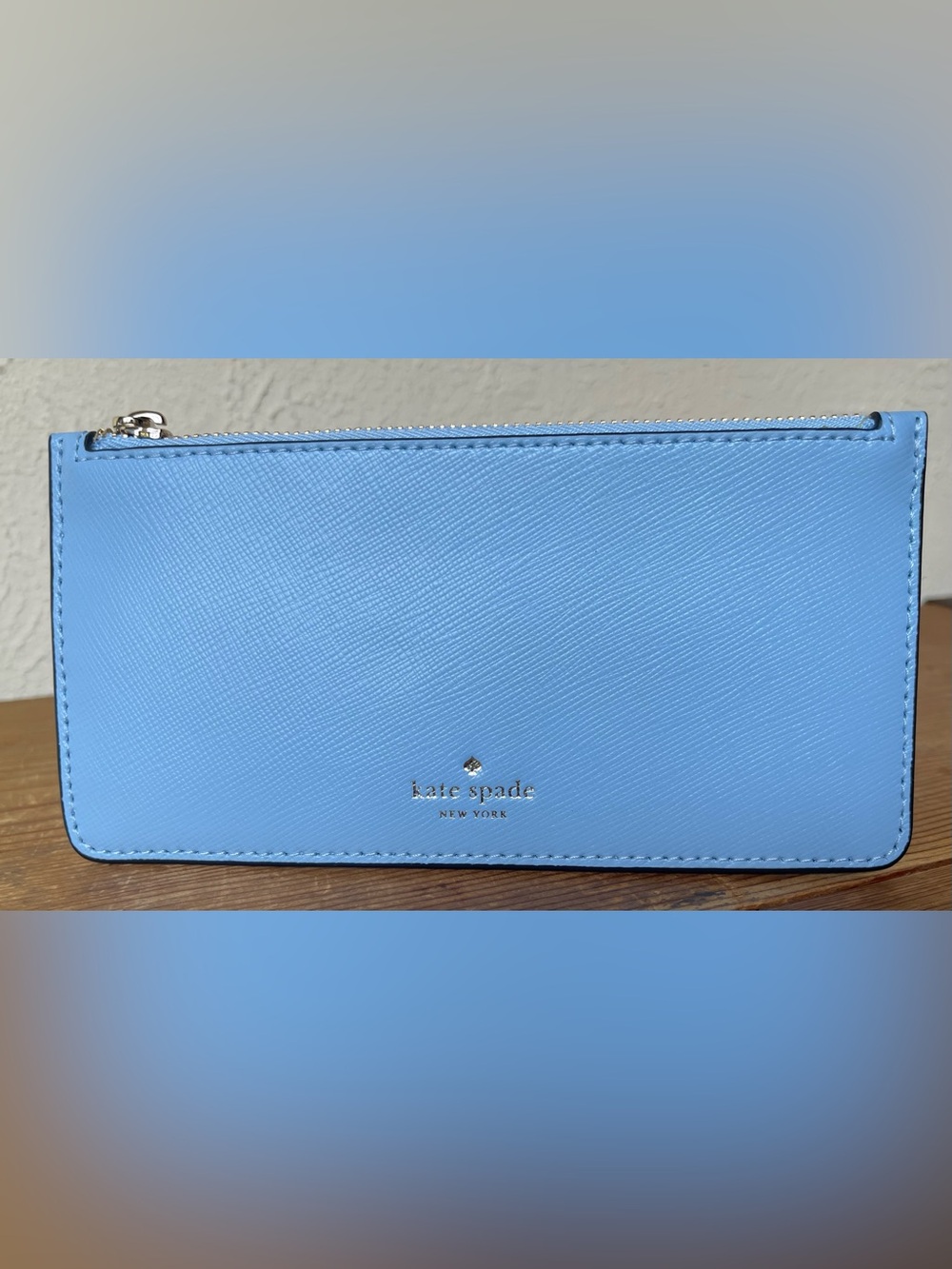 Kate Spade Light Blue Saffiano Leather Zip Card Holder Wallet